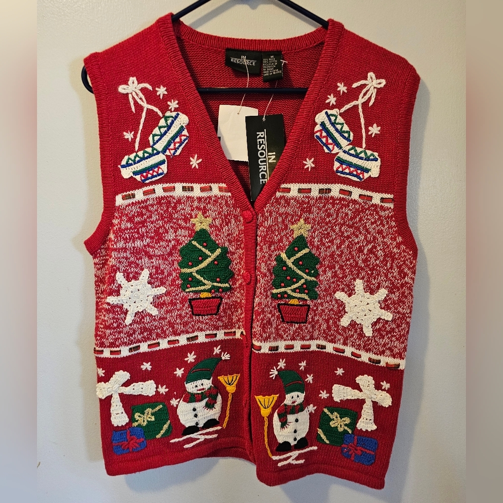Vtg In Resource Ugly Christmas Vest Holiday Sweater Snowmen Trees‎ Womens M  NWT